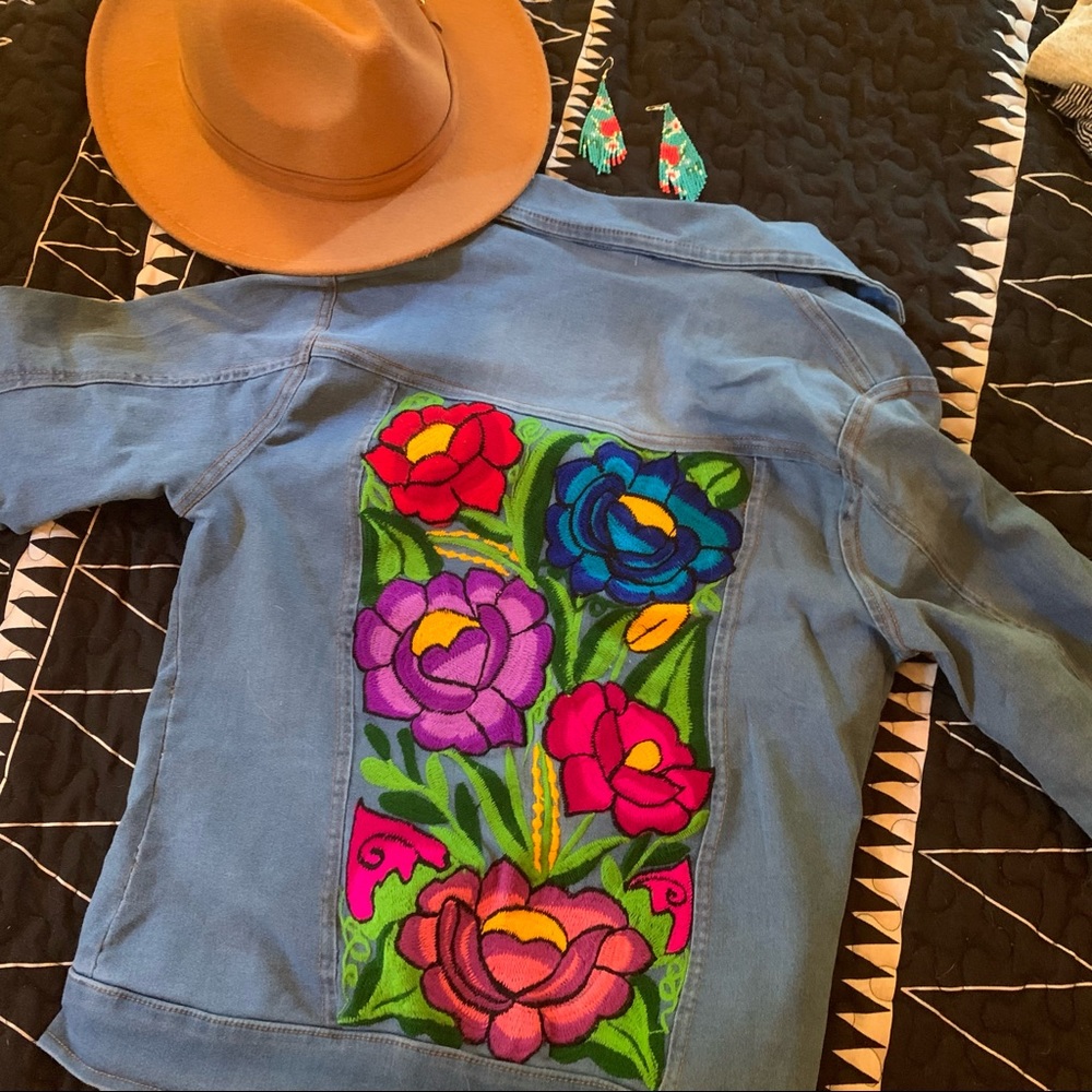 Hand embroidered stretch denim jacket
